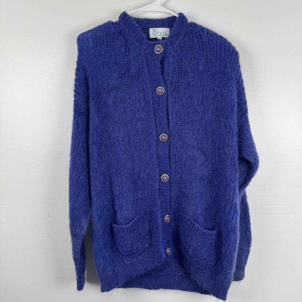 Vintage Kaari Sweater Womens Large Blue Mohair Button Front Pockets USA 80s Cozy